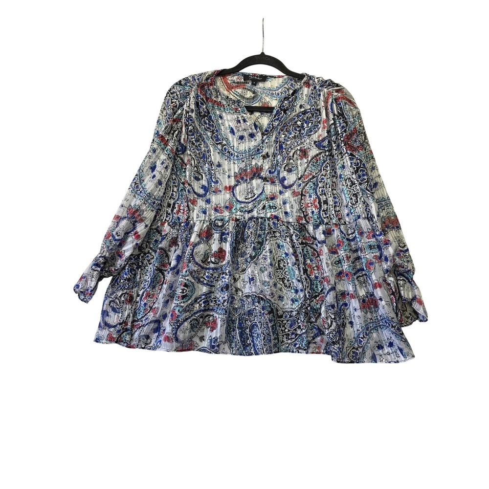RD + Koko Paisley Metallic Stripe Babydoll Blouse Blue Red Womens Small